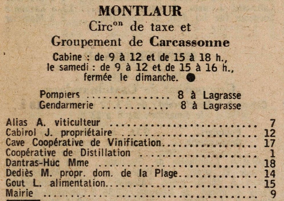 annuaire des abonnés au téléphone de 1961 Montlaur (Aude)