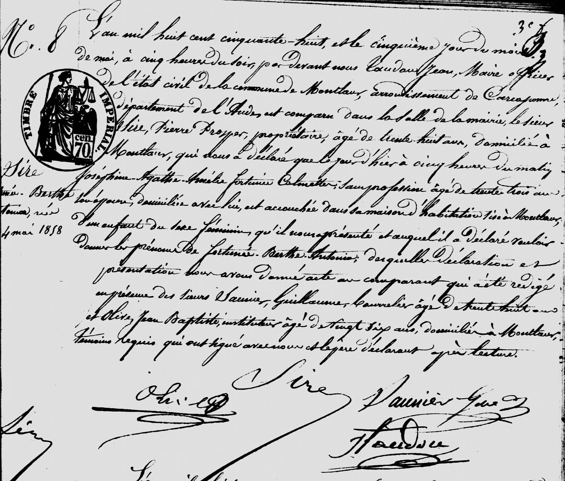 acte de naissance de Berthe Sire