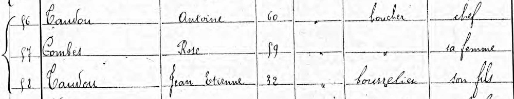 extrait du recensement 1891 à Montlaur (Aude), montrant Antoine Taudou (65 ans), boucher