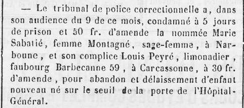 article tiré du Courrier de l'Aude du 14 juillet 1858