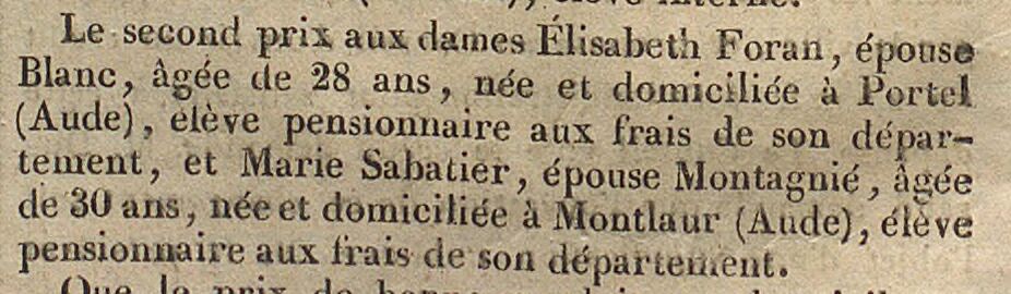 extrait d'un article consacré à Marie Sabatier et mentionnant sa réussite au concours de sage-femme.
