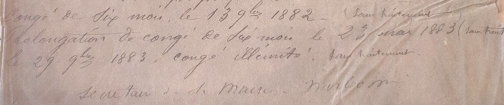 extrait de l'état général de service de l'instituteur Abel Bernard mentionnant son placement en congé illimité à compter de 1883.
