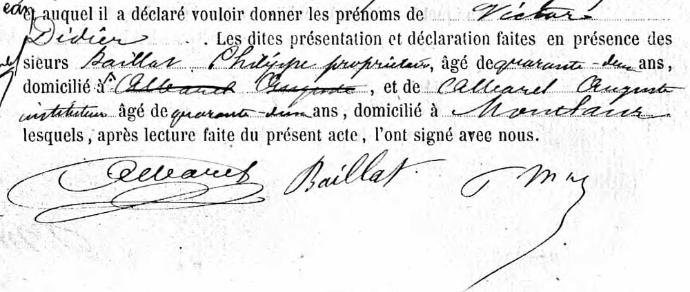 acte de naissance contresigné par Auguste Alabrel, instituteur à Montlaur