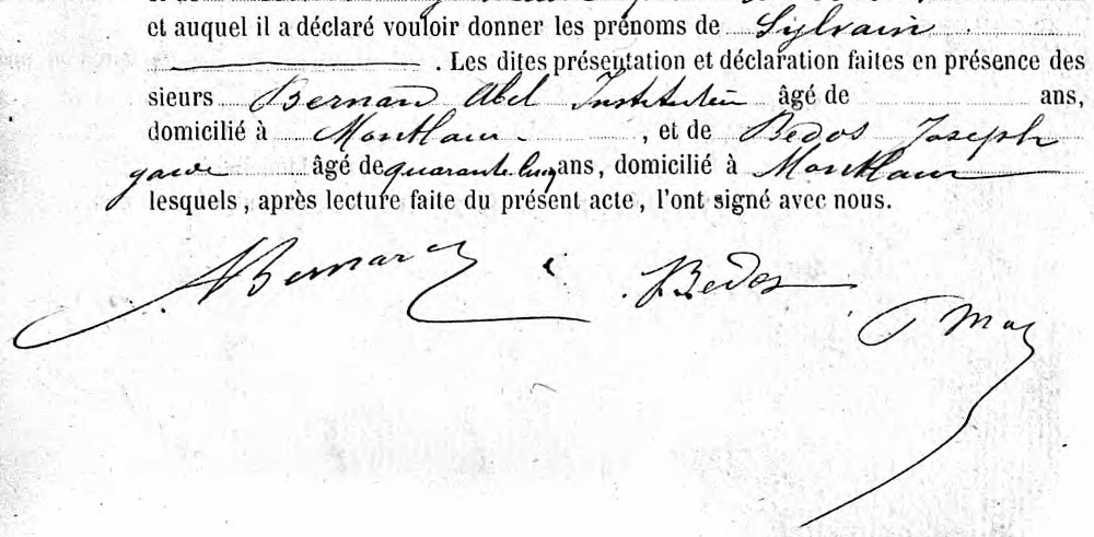 acte de naissance signé par Abel Bernard, instituteur à Montlaur en 1881