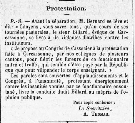 prise de parole de l'instituteur Bernard contre Bilalrd, évêque de Carcassonne.