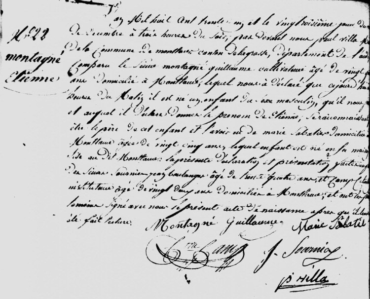 acte de naissance d'Etienne Montagné, fils de la sage-femme Marie Sabatier
