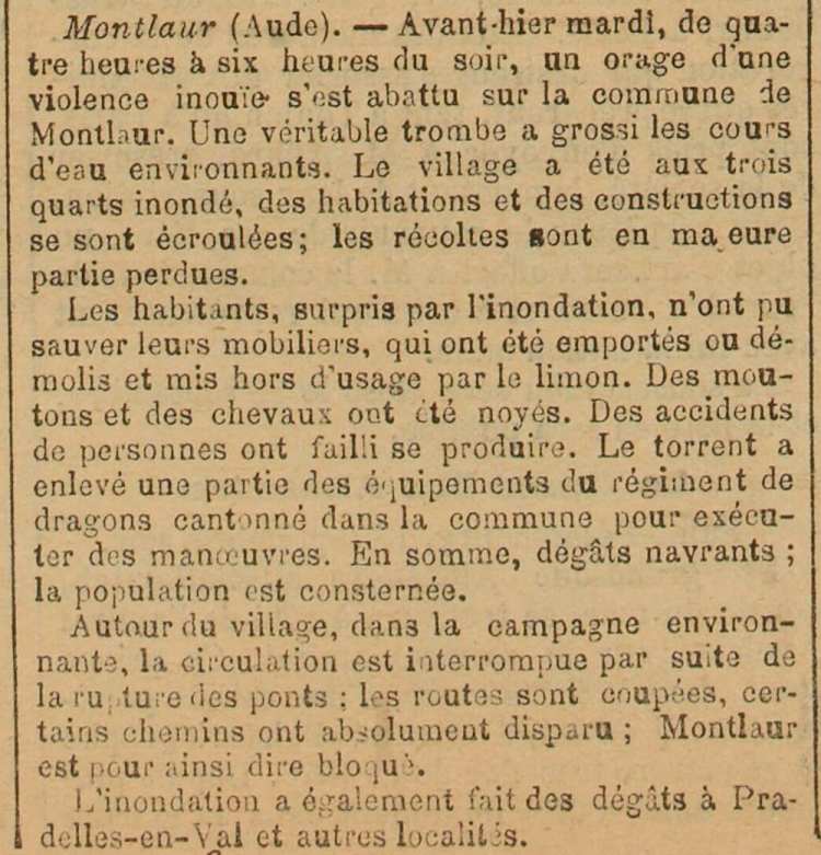 Article publié dans La Dépêche le 14 septembre 1893 et relatant l'inondation qui vient de se produire à Montlaur dans l'Aude