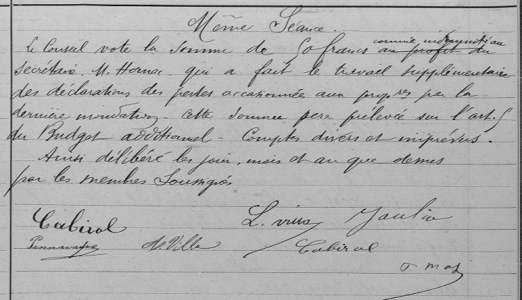 décision du conseil municipal de Montlaur accordant une indemnité à Bertrand Hornac pour son travail de déclaration des pertes subies à cause de l'inondation de 1893