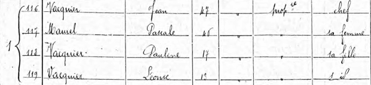 Famille Vacquier Maurel au recensement 1891 à Montlaur (Aude)
