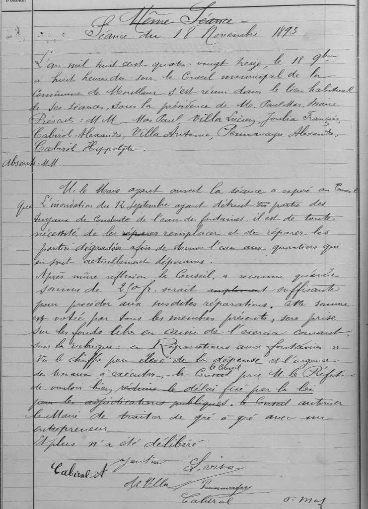 compte-rendu de la séance du Conseil Municipal du 18 novembre 1893 après les inondations ayant frappé Montlaur (Aude)