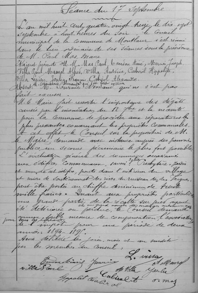 compte-rendu de la séance du Conseil Municipal du 17 septembre 1893 après les inondations ayant frappé Montlaur (Aude)