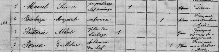 La famille d'Albert Sudérie au recensement de 1872, à Montlaur