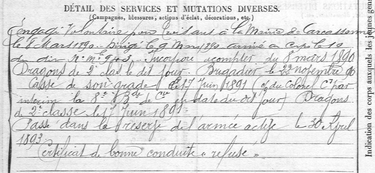extrait de la fiche matricule de Ferdinand Sournies
