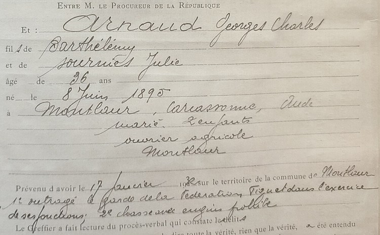 extrait du compte-rendu d'audience de Georges Arnaud, précisant son état civil et les faits reprochés