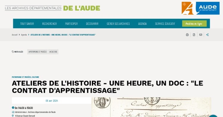 page de présentation de l'atelier "contrat d'apprentissage" aux archives départementales de l'Aude